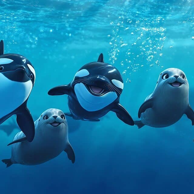 Orcas with seals - peacefully together!